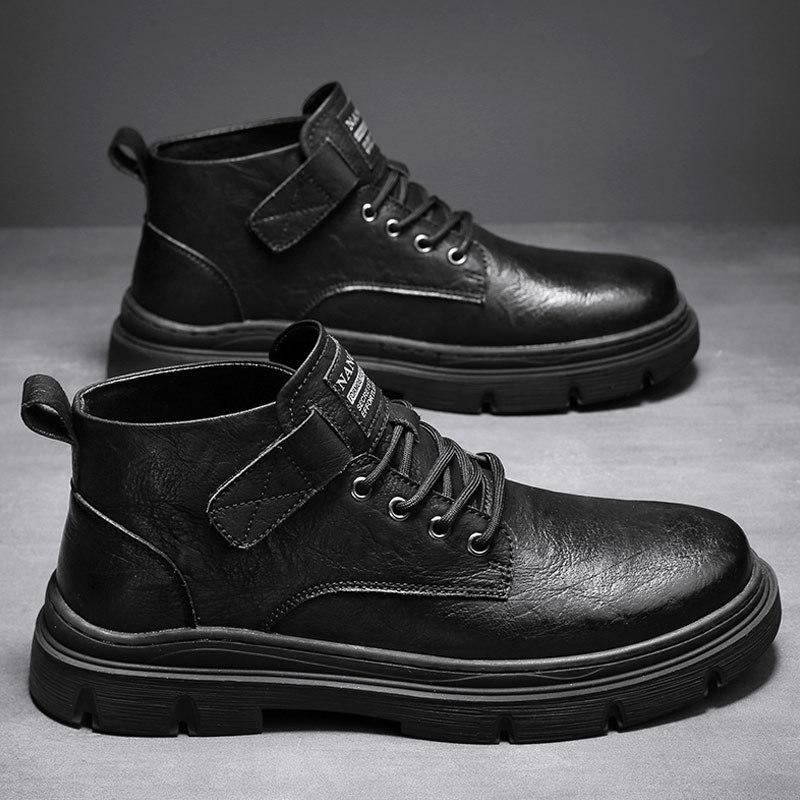 Leather Martin boots Men's outdoor thick-soled mid-top British leather shoes First layer cowhide boots High top trendy tooling leather boots