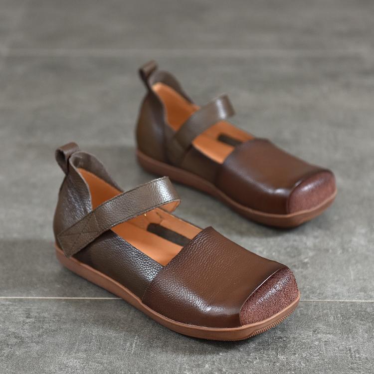 Johnature Retro Genuine Leather Square Toe Flat Shoes Soft Sole Handmade Solid Color Women's Shoes