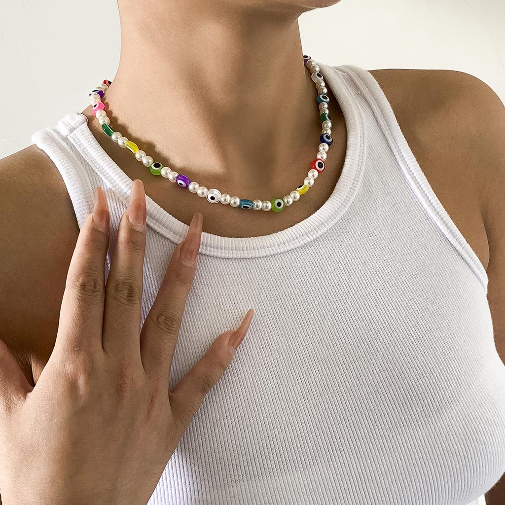 Personalized Eye Mix And Match Color Single-Layer Necklace, Creative Geometric Imitation Pearl Necklace For Women