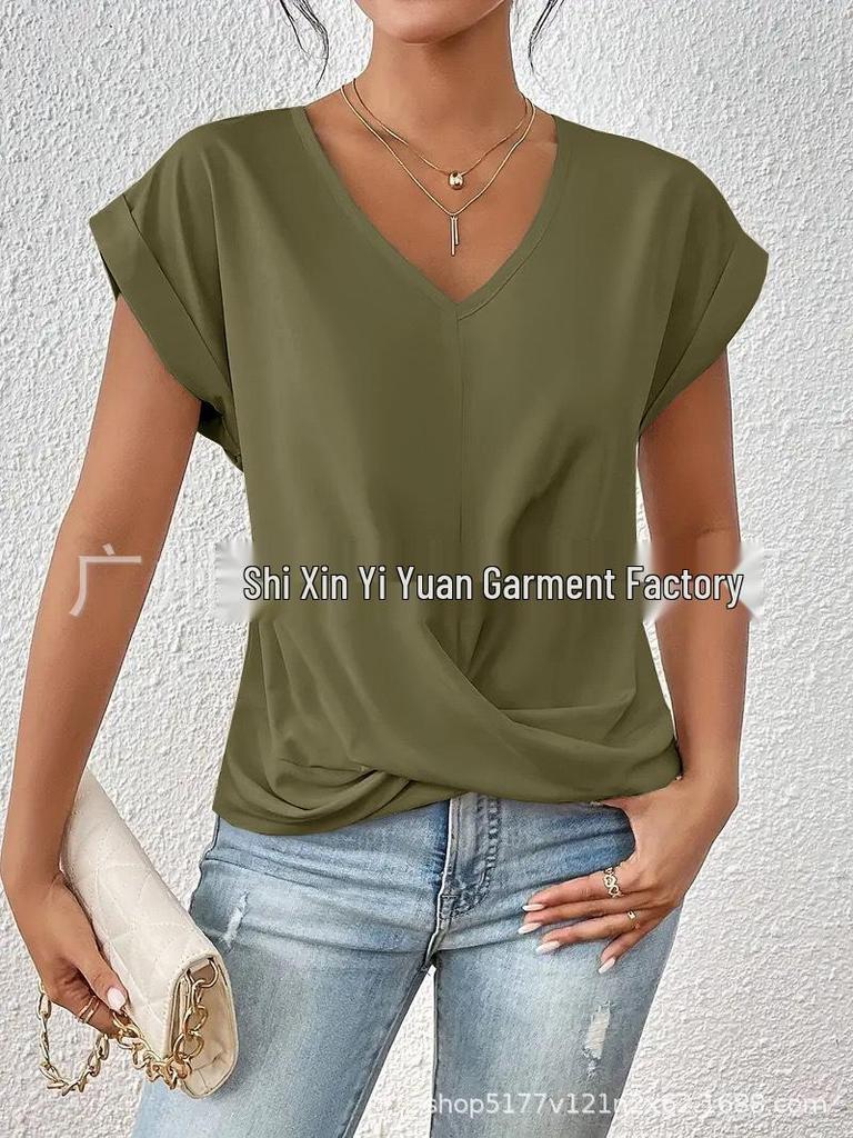 2026 Bestseller Women's Solid V-neck Short-Sleeve T-shirt - Elegant Spring/Summer Top