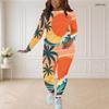 Women Plus Size Round Neck Long Sleeve Tropical Printed Fitted Pants Two Piece Set