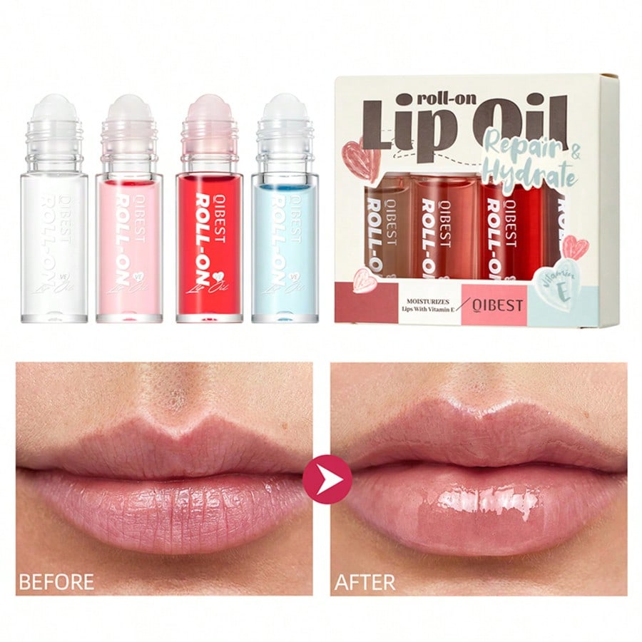 4pcs Lip Gloss Makeup Set, Roller Ball Transparent Lip Oil, Moisturizing, Glossy Makeup Effect, Conv