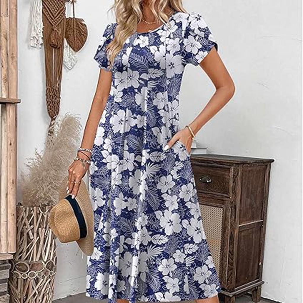 Női Divat Tavaszi és Nyári Ruha Alkalmi Rövid Ujjú Kerek Nyakú Elegáns Középhosszúságú Strandruha