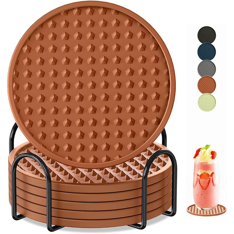 Coasters for Drinks 6 Pack Drink Coaster with Holder Heat Resistant Silicone Cup Mat Tabletop Protection Non-Slip Coasters JT572
