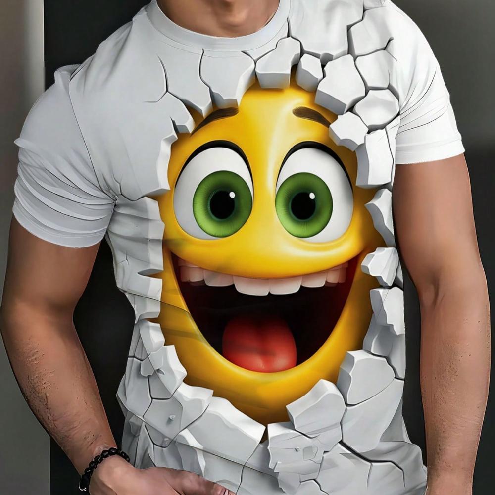 Unique Broken Wall Cute Expression 3D Print Round Neck Short Sleeve White T-Shirt, 100% Polyester women men comfortable for summer