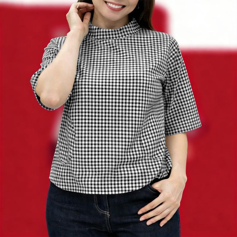 ZANZEA Women Casual Stand Collar Loose Grid Print Half Sleeve Blouse S чёрный
