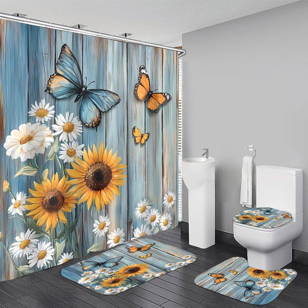 8styles 4Pcs Bathroom Shower Curtain Set Green Tree Nature Bathroom Curtain With 12 Hooks Non Slip Rugs Toilet Cover Mat Bathroom Partition