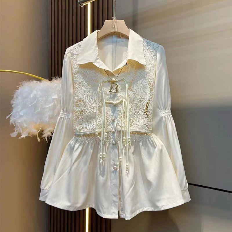 

Элегантные универсальные топы с кисточками и пряжкой, имитация двух предметов, длинные рукава Beige White 6XL