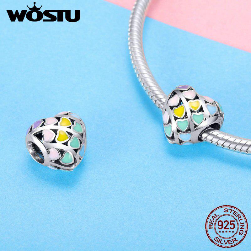 WOSTU Genuine 925 Sterling Silver Multi-Color Hearts Charms Bead Fit Original DIY Bracelet Bangle
