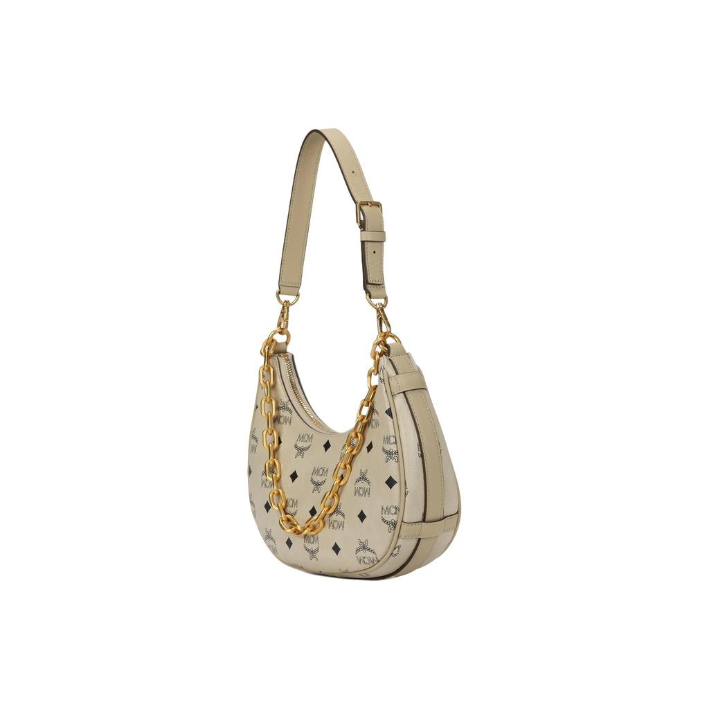 MCM Aren Visetos Half-Moon Monogram All-Over Print Leather Shoulder Bag Small Unisex Couple's Style Beige