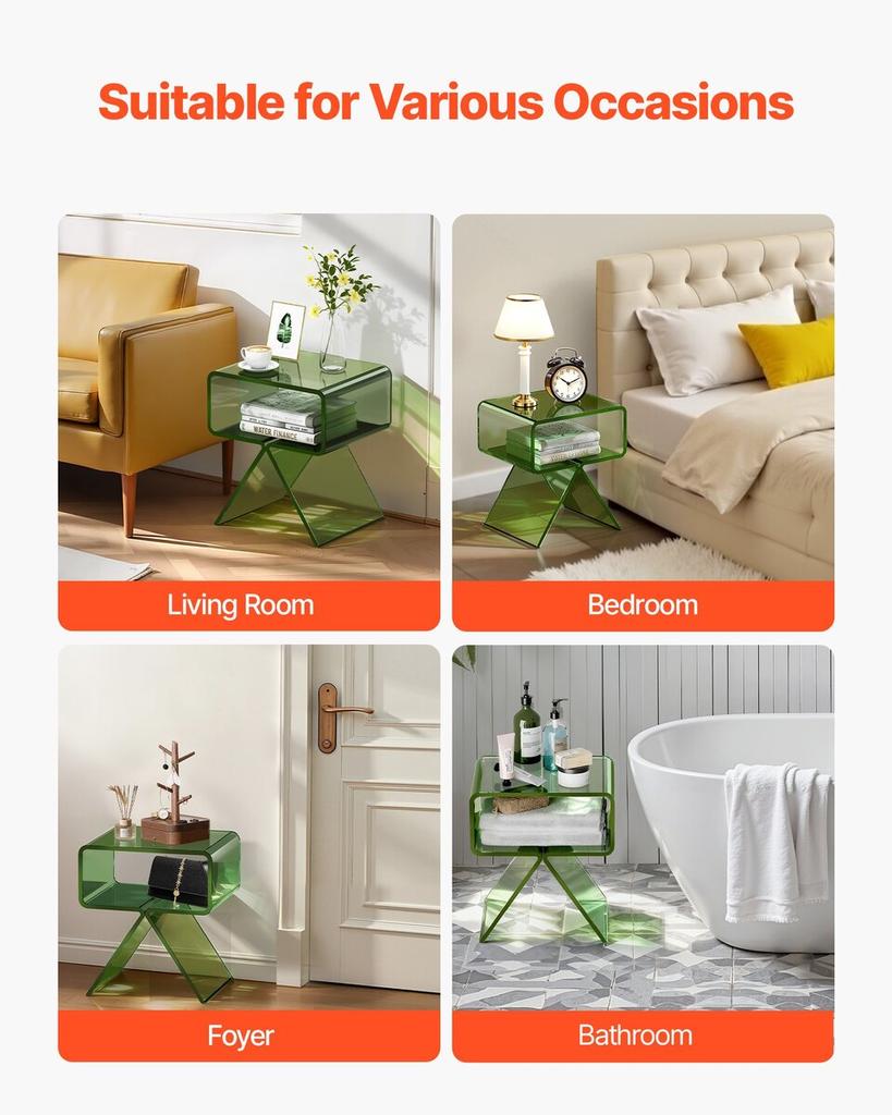 Acrylic Nightstand Side Table, Modern Clear Bedside Table with Storage Shelf, Transparent Small End Desk for Living Room, Bedroom, Home Decor, No