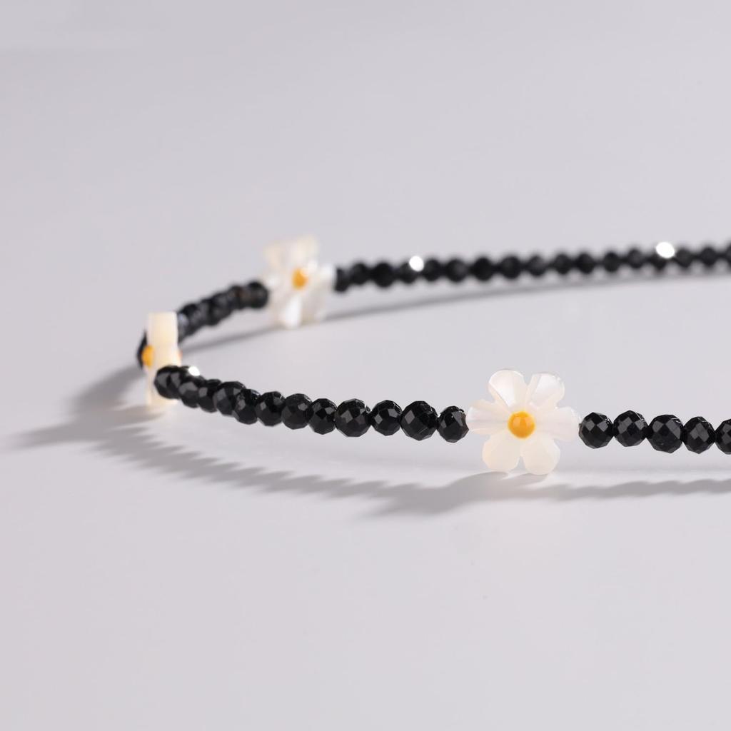 3mm Black Tourmaline Shell Daisy October Lucky Charm Necklace for Women [KOAI] Necklace, Birthstone,