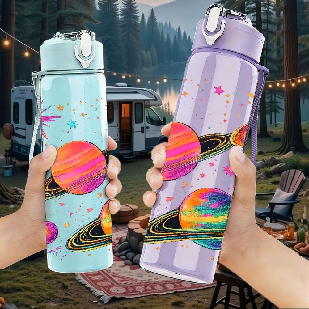 1PC Rocket Planet Outer Space Pattern 750ml Color Plastic Sports Water Bottle Leakproof Flip Straw Lid Suitable for Sports Office Home Use