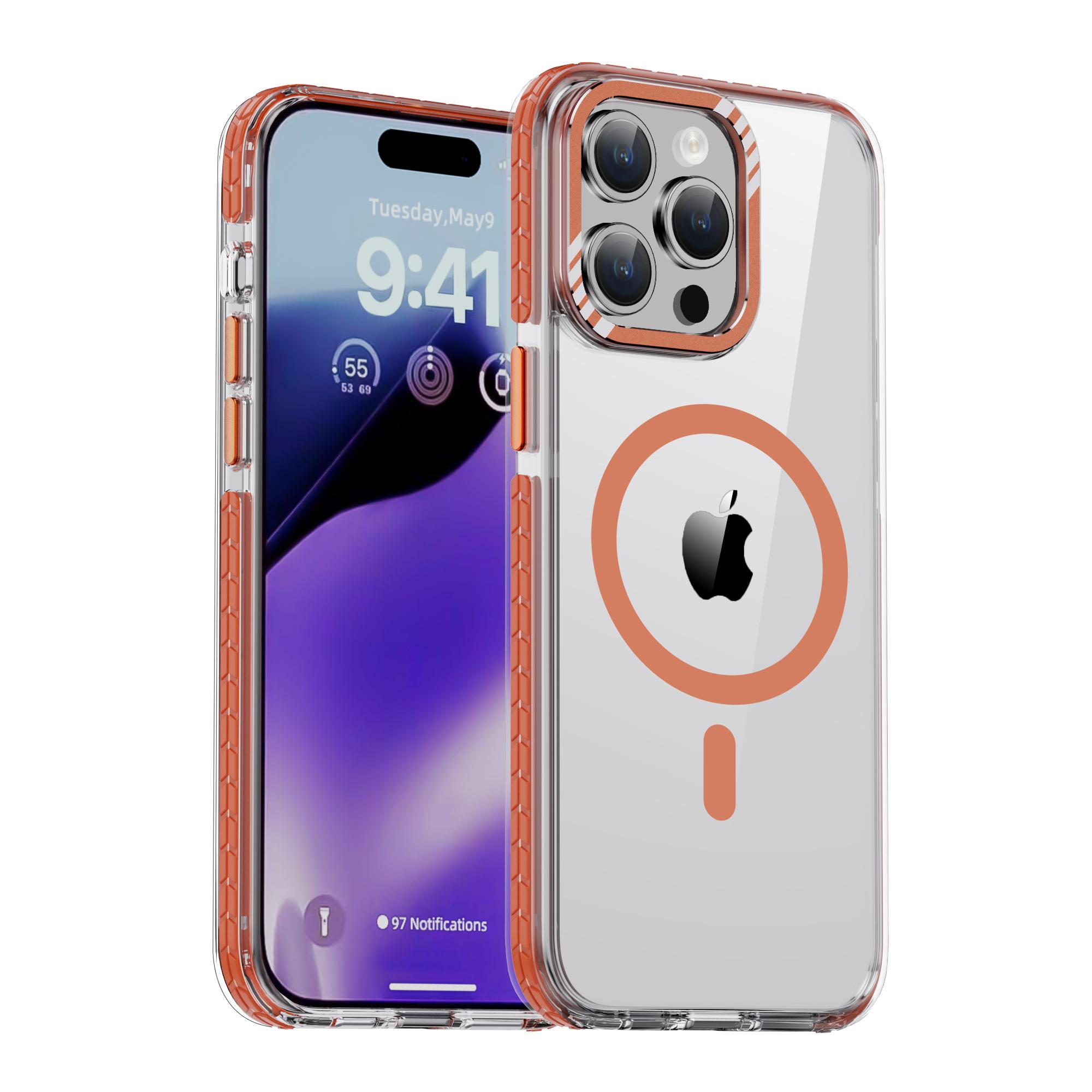 

Противоударные защитные чехлы для телефонов MagSafe MagSafe для IPhone 15 14 Pro Max 15Plus, металлический чехол для объектива, прозрачный защитный чехол из ТПУ от падения For iPhone 14 Plus оранжевый