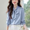2025 Spring/Autumn Women's High-End Flowy Ribbon Bow Long Sleeve White Shirt for Professional Wear