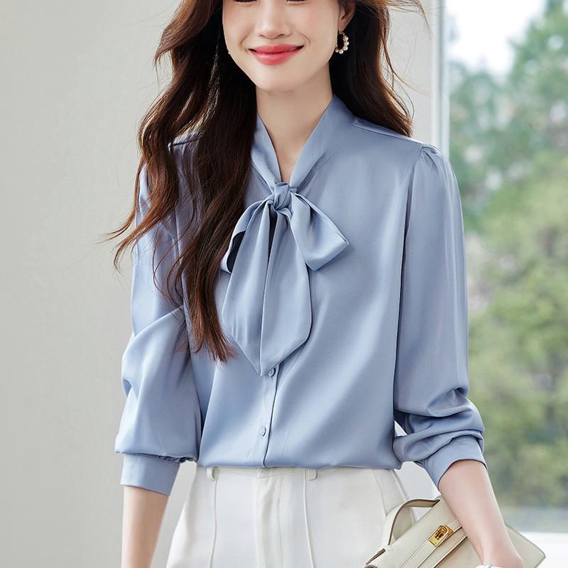 2025 Spring/Autumn Women's High-End Flowy Ribbon Bow Long Sleeve White Shirt for Professional Wear