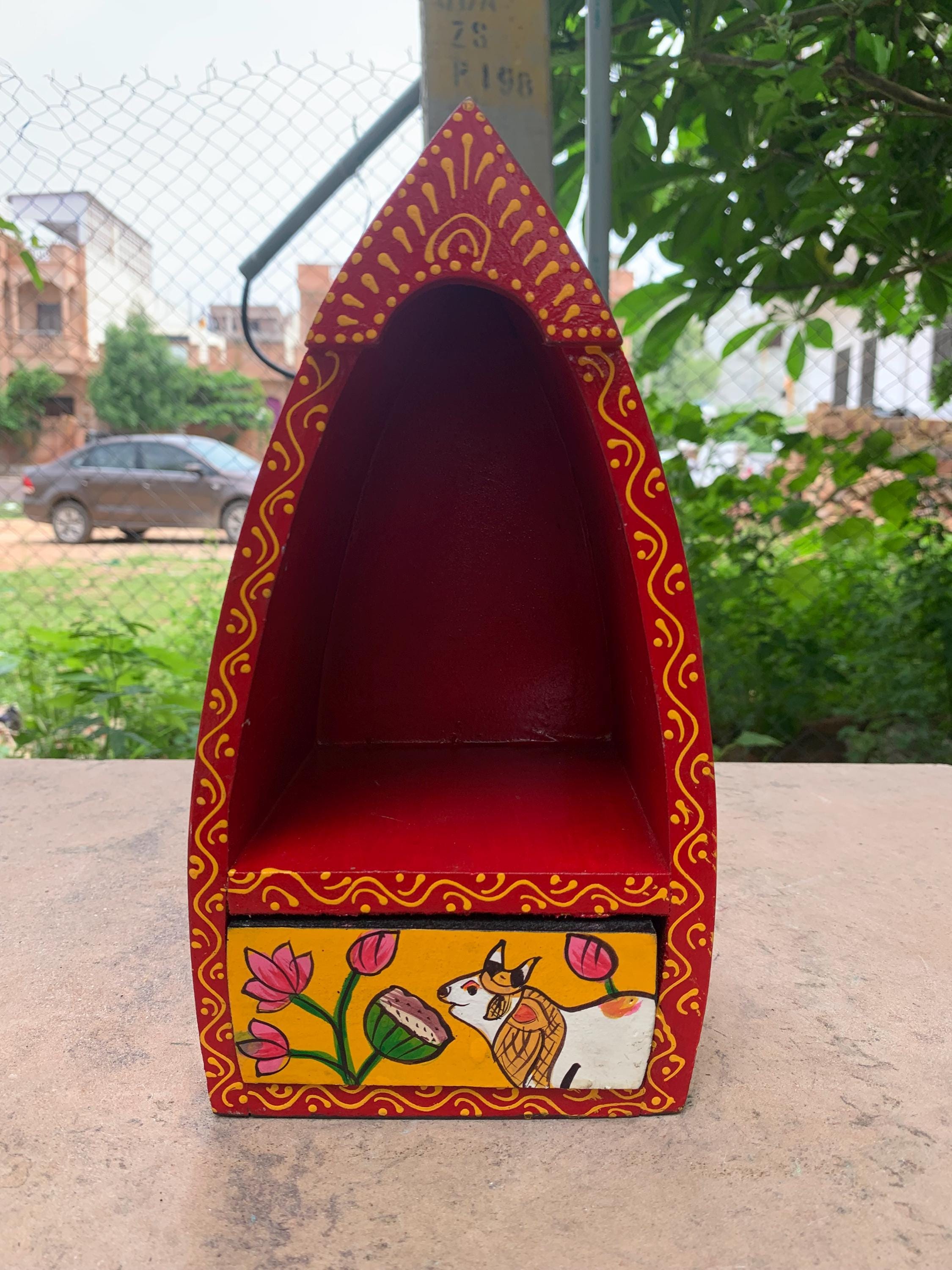 

Handmade Wooden Pooja Mandir: Boat Temple Wall Shelf with Drawer разноцветный