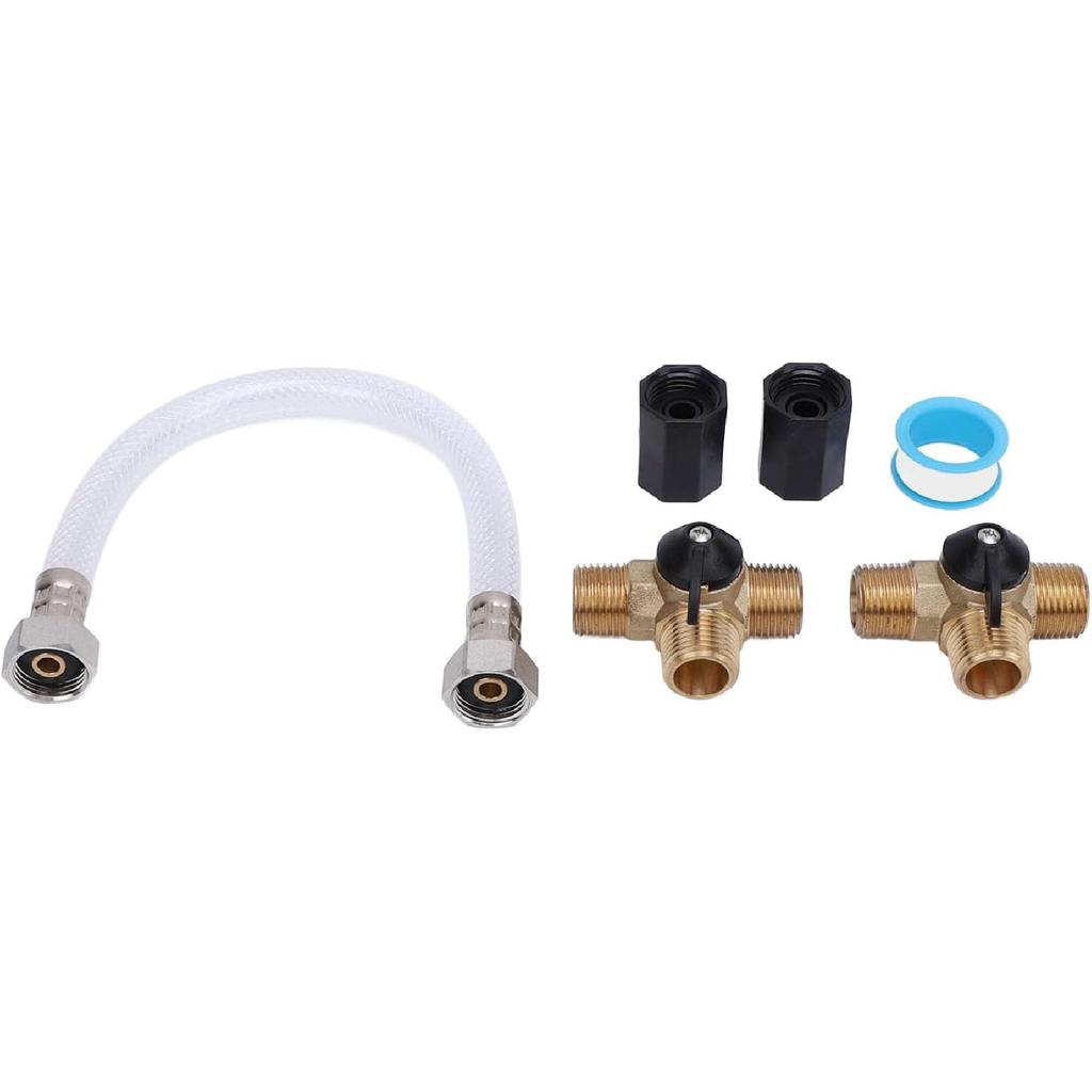 RV Water Heater By Pass Kit, 12 Inch Reinforced Hose with 3 Male 1/2 Inch NPT Valves and Double Female Connectors