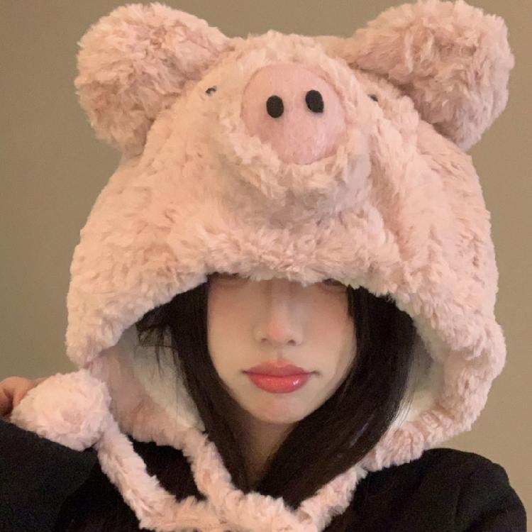 Winter Warm Plush Pig Ear Earflap Hat for Women Girl Furry Beanies Hat Outdoor Activity Cold Weather Skull Hat Headwear