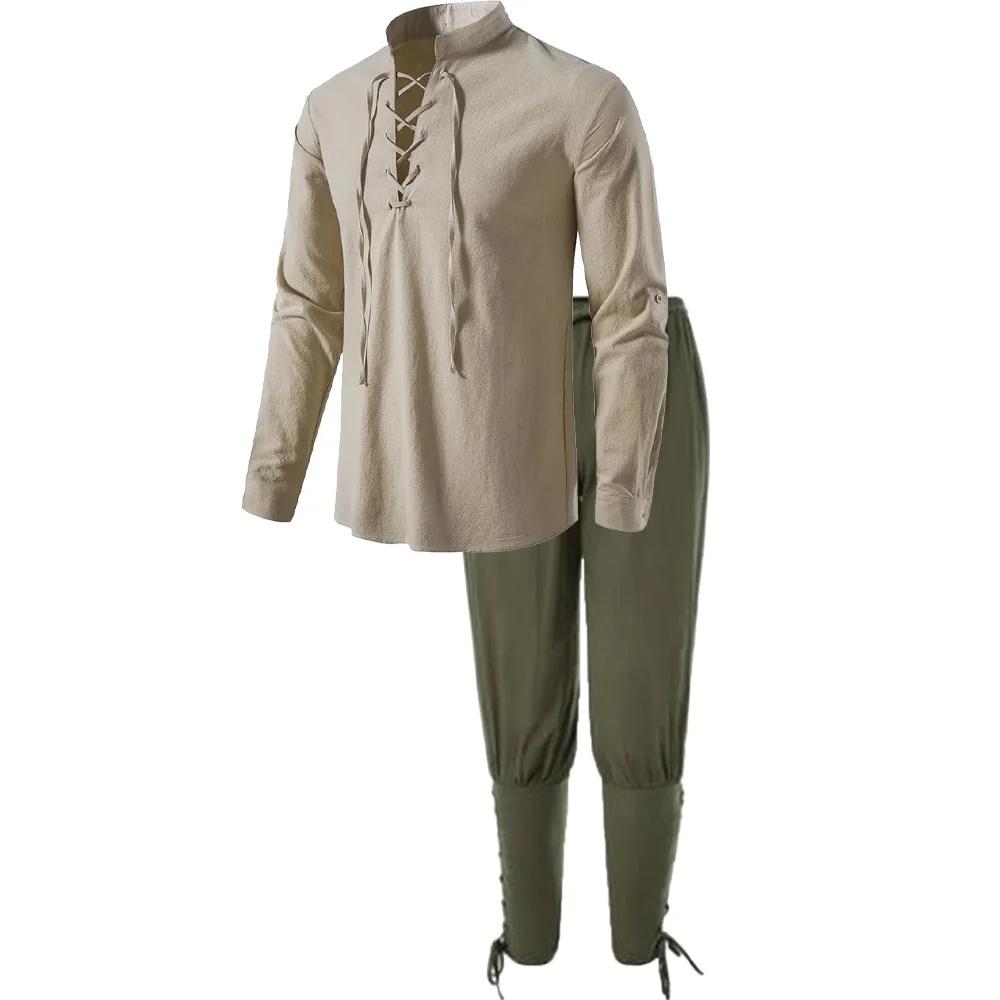 2 pezzi Set costume da cavaliere medievale da uomo Rinascimento Cosplay Pirata Camicie con cavigliera Pantaloni per Halloween Cotone Lino