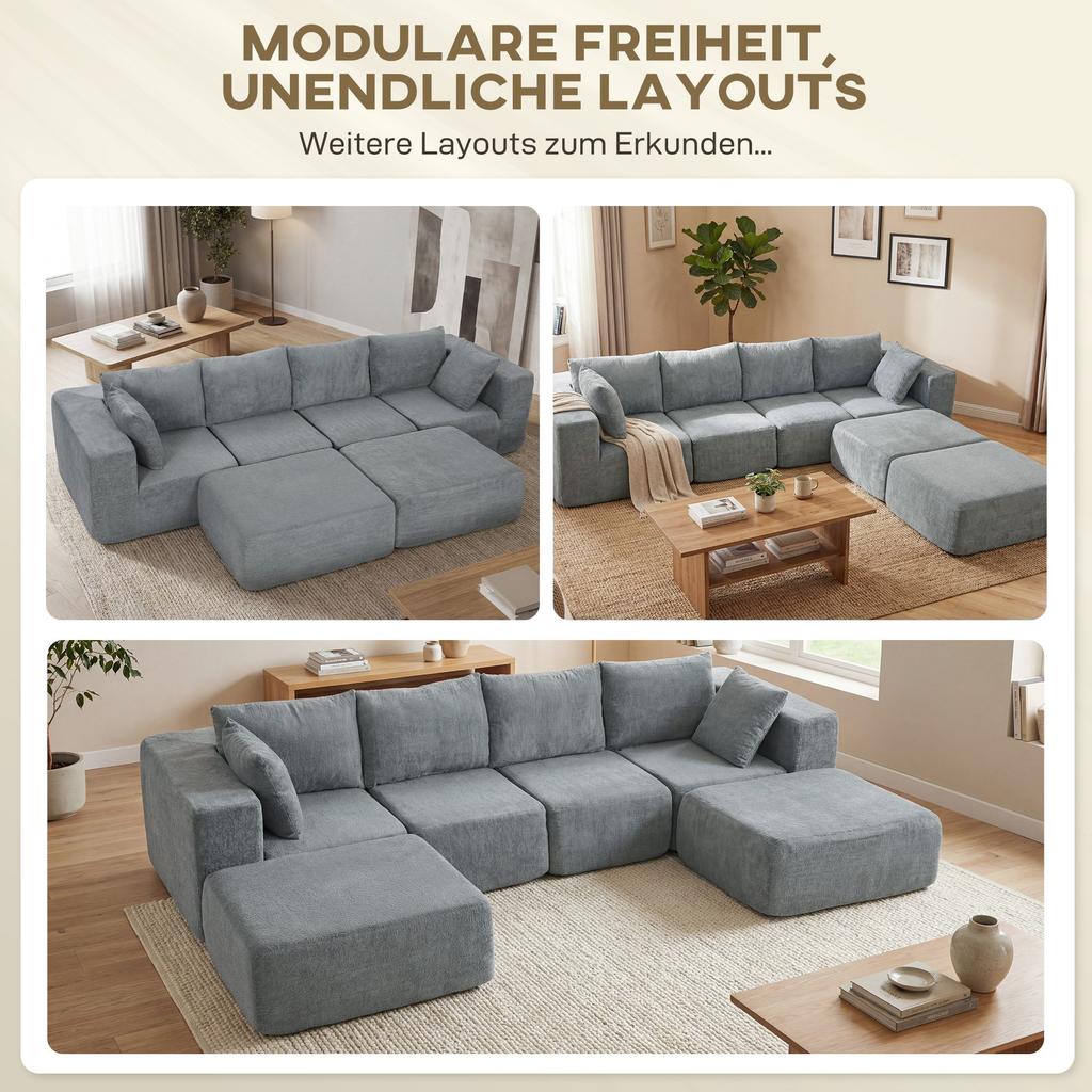 Modulares Ecksofa, U-förmiges Sofa mit breiter und tiefer Sitzfläche, 2 Hocker, Dunkelgrau