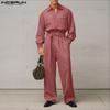 INCERUN Oversized Men Lapel Neck Long Sleeve Belt Waist Casual Loose Long Rompers Jumpsuits