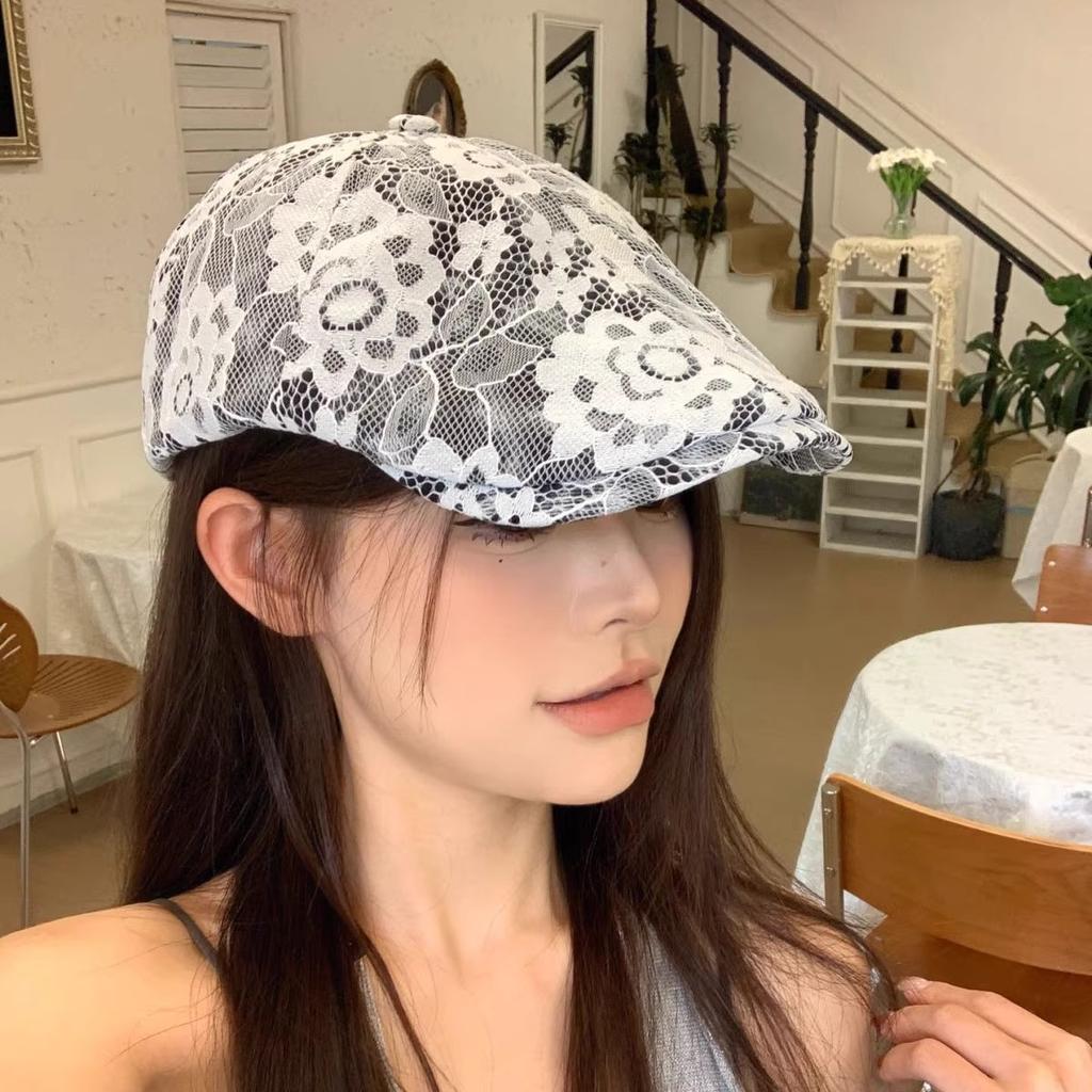 Summer Thin Breathable Lace Flower Forward Hat Mesh Cold Hat Casual Beret Personality Fashionable Street Versatile