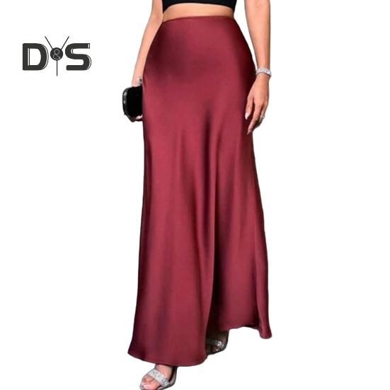 Women Fishtail Skirt High Waist Solid Color Smooth Surface A-Line Maxi Skirt Work Leisure Daily Wear