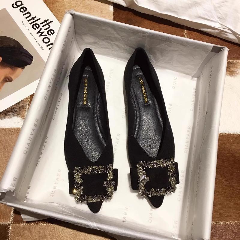 Fashion Pointed Flat Shoes for Women's Spring Summer New Shallow Cut Suede Soft Sole Black Women's Shoes Ladies Large Size 44