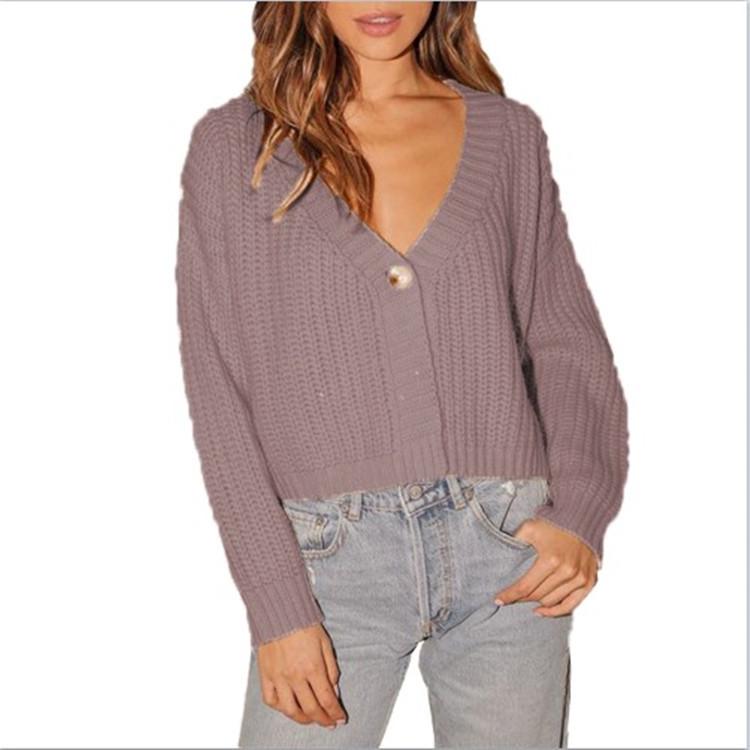 European & American Women's V-Neck Long Sleeve Solid Knit Cardigan Sweater