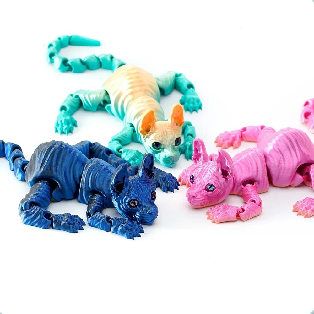 3D Tištěná Kočka Sphynx Zvířata Hračka Realistická Bezsrstá Figurka Kloubová Kočka Fidget Hračka pro Milovníky Koček Sběratel Domácí Dekorace