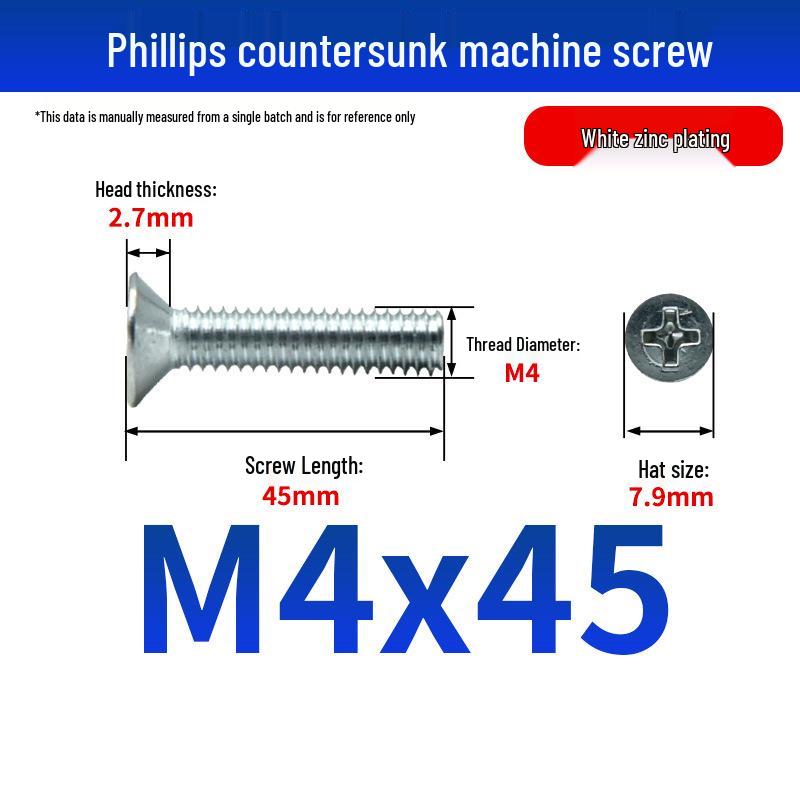 White Zinc Plated Cross Recessed Countersunk Head Screws & Bolts, Machine Thread, M3-M12