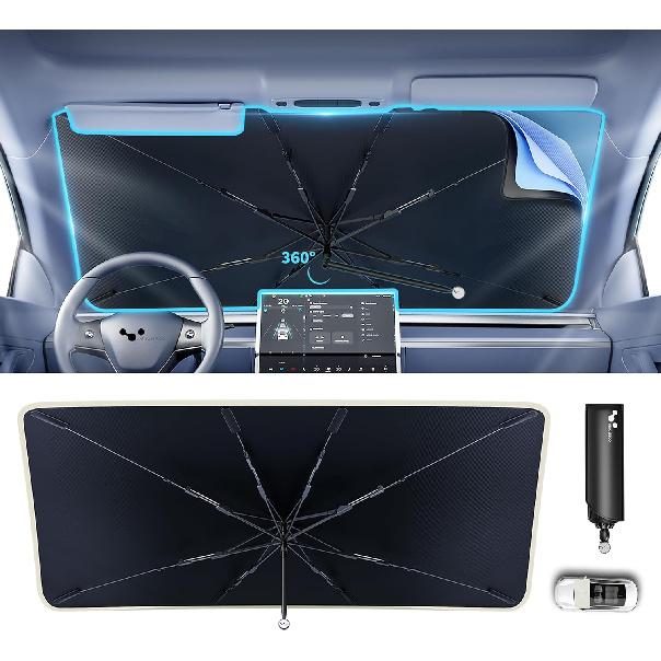 Helloleiboo [2025 Upgraded] Car Windshield Sun Shade Umbrella 61"X 34" Windshield Sun Shade Foldable 5-Layer Thickened Vinyl Coating Reflective