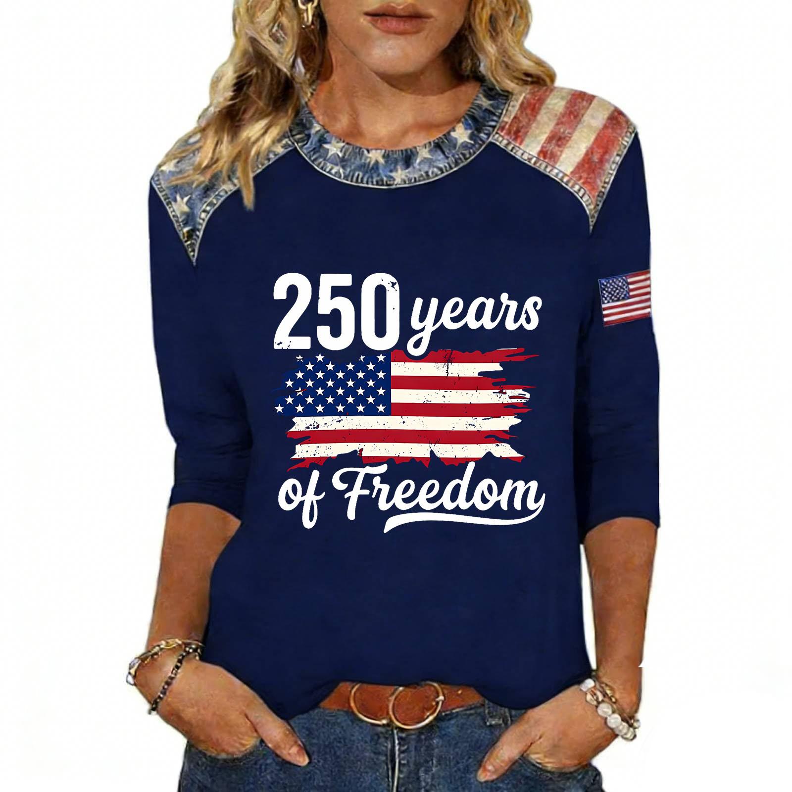 

Женская модная повседневная футболка с принтом ко Дню независимости S тёмно-синий