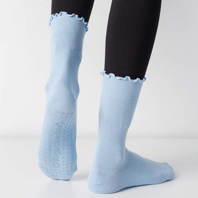 3 Pairs Solid Yoga Socks for Women Cotton Breathable Mid-calf Yoga Socks Pliates Sport Fitness Non-slip Grip Floor Socks Ruffle
