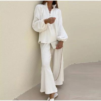 Solid Casual Shirt Pants Sets Women Elegant Pleated Button Lantern Sleeve Tops Wide Leg Pant Autumn Lady Set