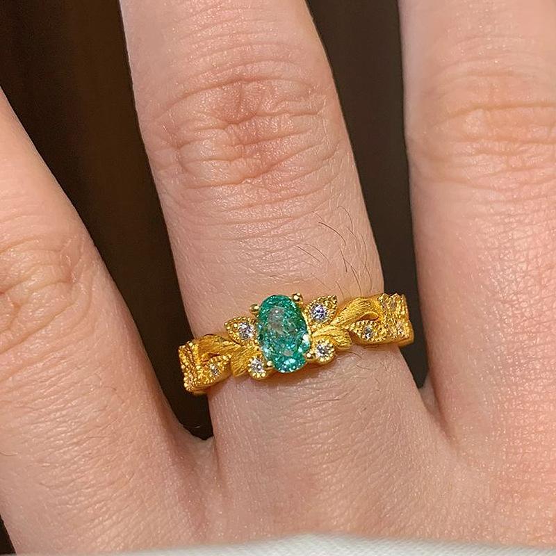 antique gold craftsm inlaid diamonds Zircon mint emerald brushed Ring wheat ear shiny rings for women banquet gift resizable