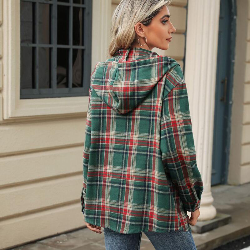 Oversized Hooded Sweatshirt Women with Plaid Pattern & Button Detail, Long Sleeve Casual Pullover for Fall Winter - S to XXL
