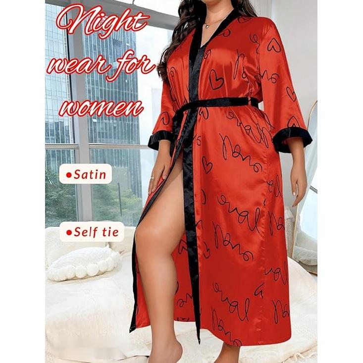 Women's Plus Size Valentines Robe, Sexy Satin Robe Long Sleepwear