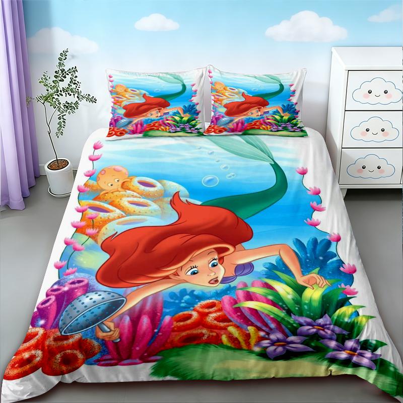 3pcs Duvet Cover Set Mermaid Cartoon Beautiful Bedding Set Quilt Cover Queen King Size for Girl Bedroom Home Decor