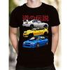 European Size Men'S Casual T-Shirt Featuring a Striking 3-Car Racing Design with Japanese Characters, Ideal for Car Lovers. Black Short-Sleeve Shirt