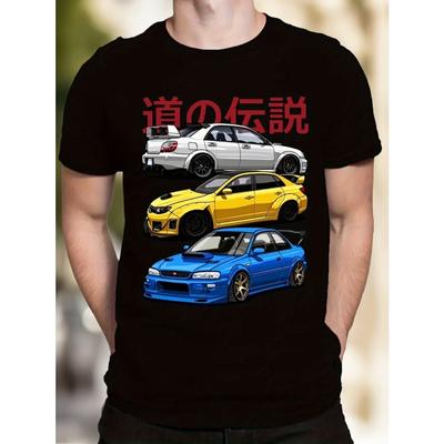 European Size Men'S Casual T-Shirt Featuring a Striking 3-Car Racing Design with Japanese Characters, Ideal for Car Lovers. Black Short-Sleeve Shirt