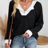 Ladies' Casual Fashion Contrasting Fake Two-piece Spliced Lapel Loose Long Sleeved Top