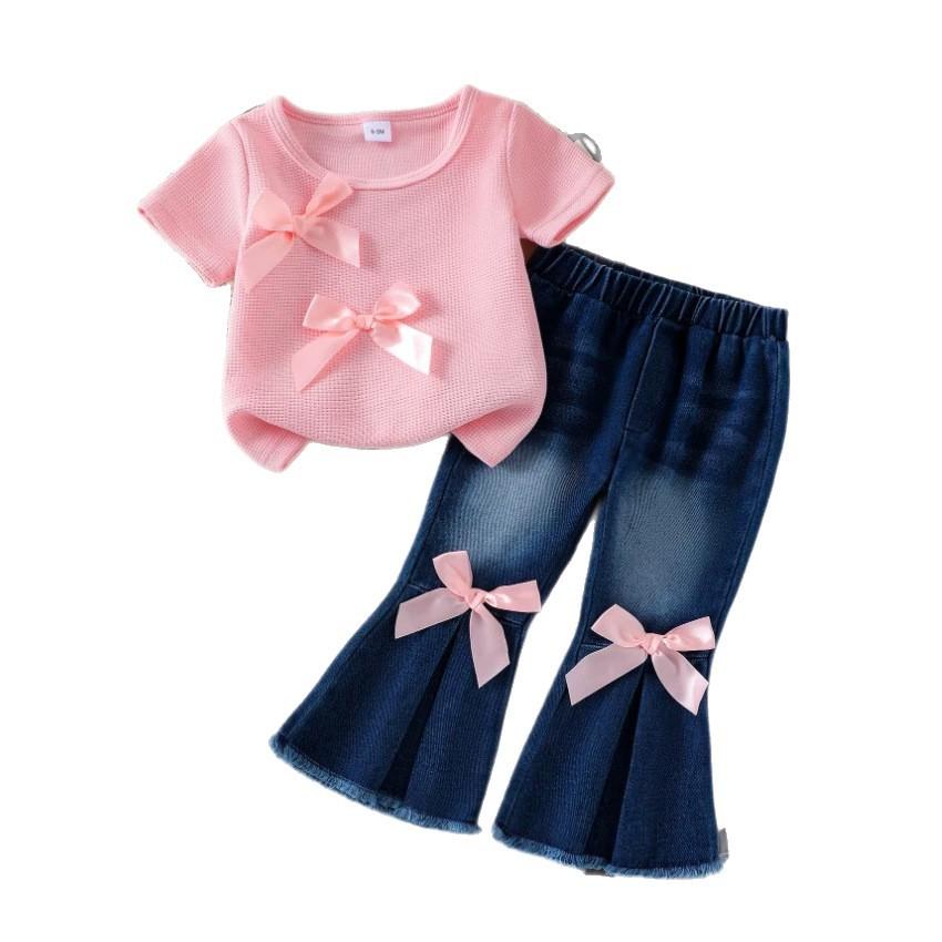 Girls' Fashionable Two-piece Summer Children's Casual Pink Top + Flared Jeans Set