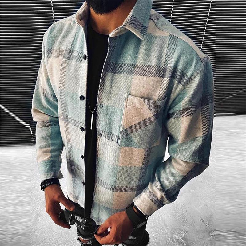 Men's Casual Plaid Long Sleeve Shirt, Loose Fit Blue Gray Checkered Button-Up with Chest Pocket