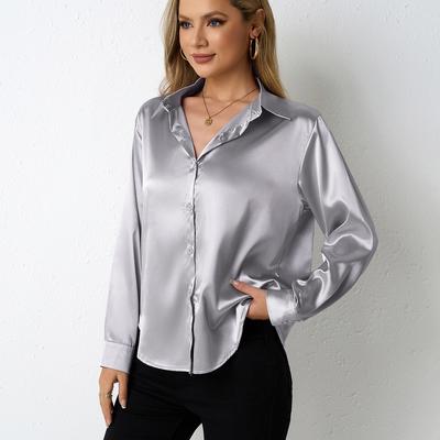 Women's Satin Shirt Simple V-neck Button Blouse Loose Long Sleeved  Blouses & Shirts