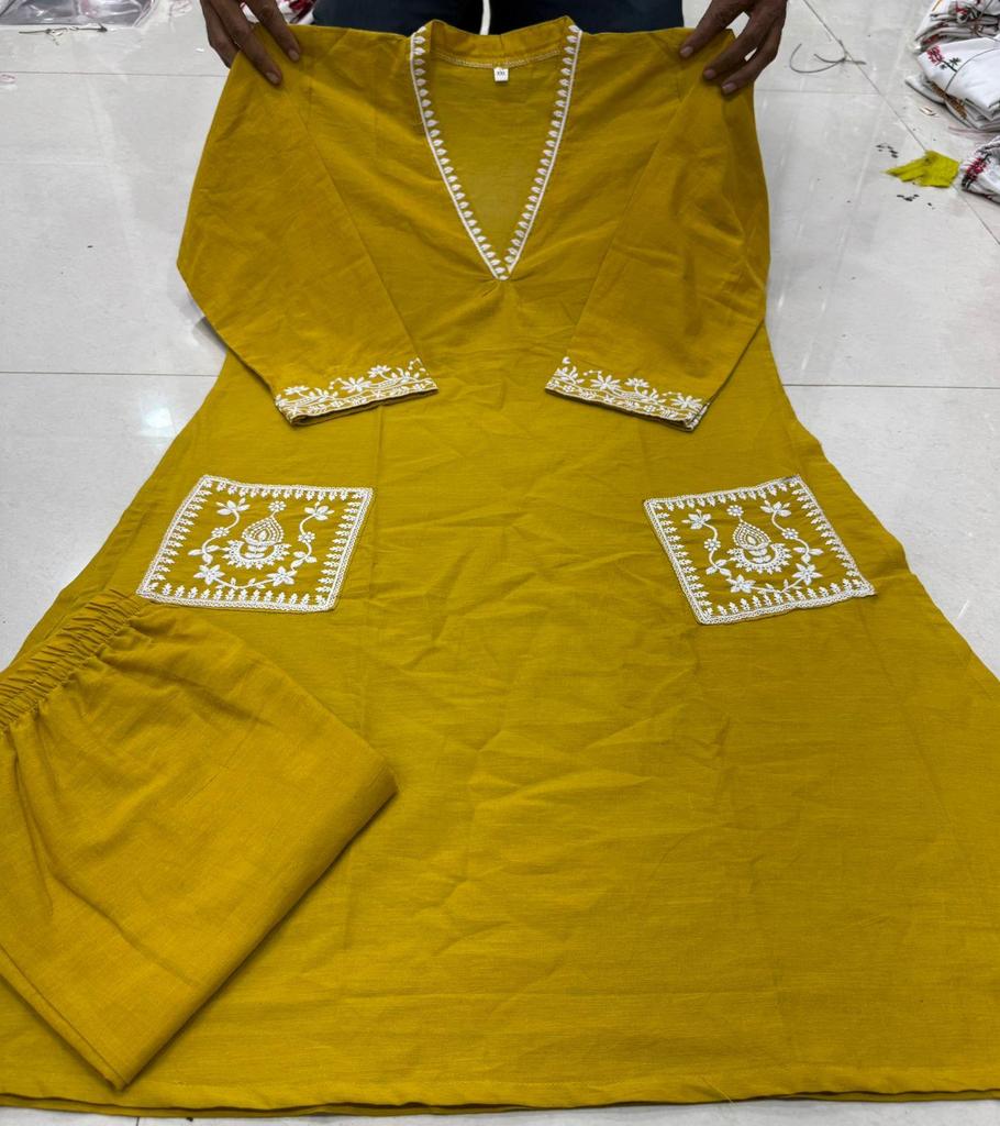 Women Designer Heavy Cotton Kurta Pant Set Embroidered Party Wear Top Tunic Kurti Dress