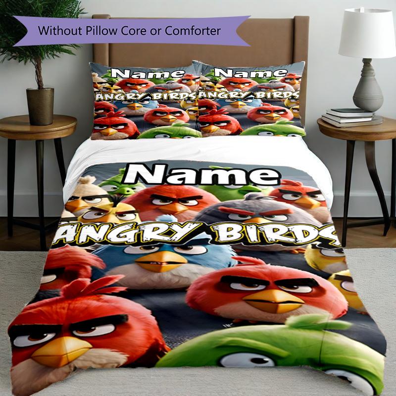 3pcs Duvet Cover Set (1*Duvet Cover + 2*Pillowcase, Without Core), Custom Name Angry Birds Pattern Bedding Set, Home Bedroom Decor Gift
