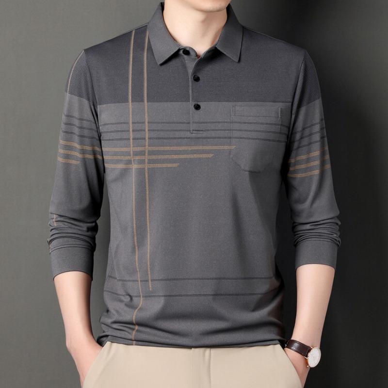 Men Casual Striped Long Sleeve Polo Shirt With Real Pocket Daily Wear Top
