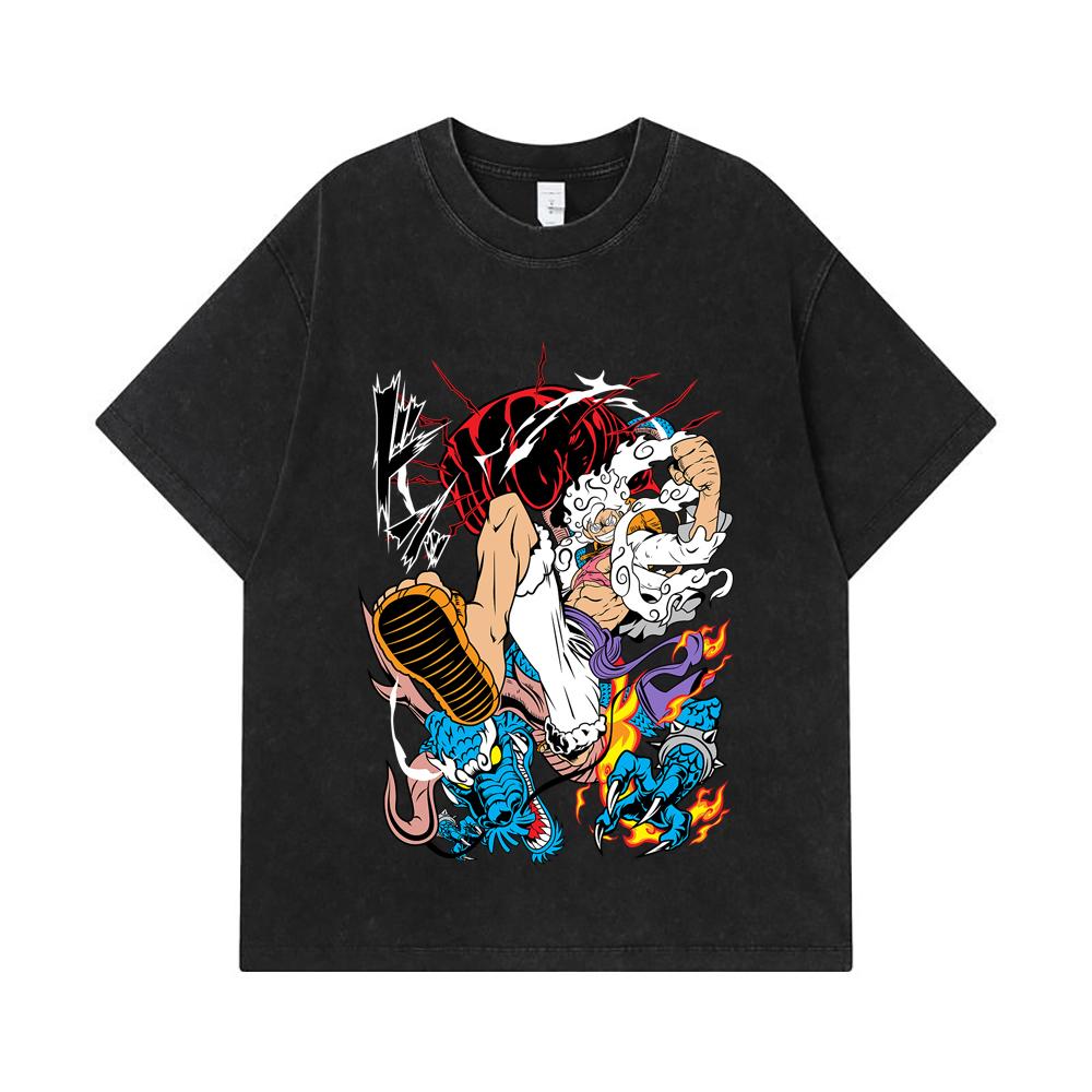 275 GSM Washed T-shirts 100% Cotton One Piece V7 Luffy Kaido Print Unisex Heavy Cotton T Shirt